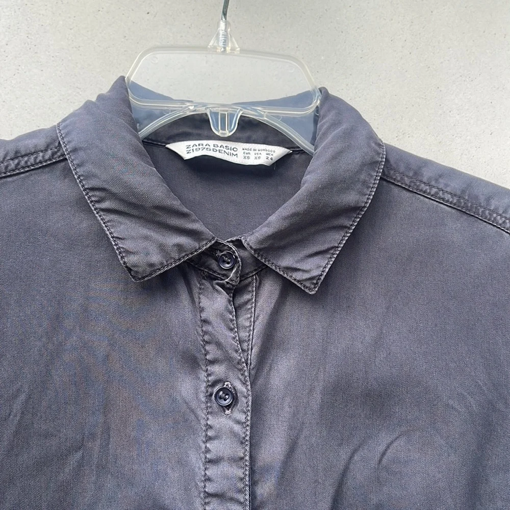 Zara Long Sleeve Charcoal Gray Pocket Tunic Button Up Shirt Dress XS